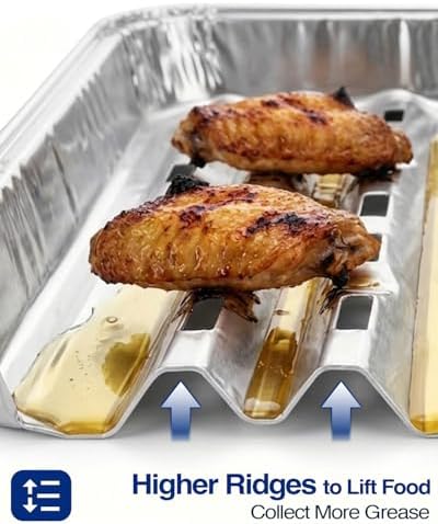 50Pcs Broiler Pans for BBQ Grill, 9.2 x 13.5 Grill Pan Liners with Ribbed Surface, Disposable Aluminum Foil Trays for Oven with Hole