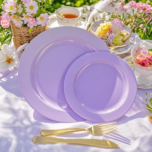 FLOWERCAT 60PCS Purple Plates - Heavy Duty Purple Plastic Plates Disposable for Easter Party/Wedding - Include 30PCS 10.25" Dinner Plates and 30PCS 7.5" Dessert Plates