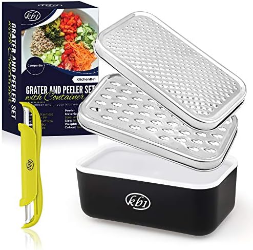 Cheese Grater with Container and Lid & Peeler Set - Vegetable Fruit Multi-Function Stainless Steel Kitchen Utensil Kit with Black Food Plastic Storage Stable Box - Hand Chopper Graters & Peelers