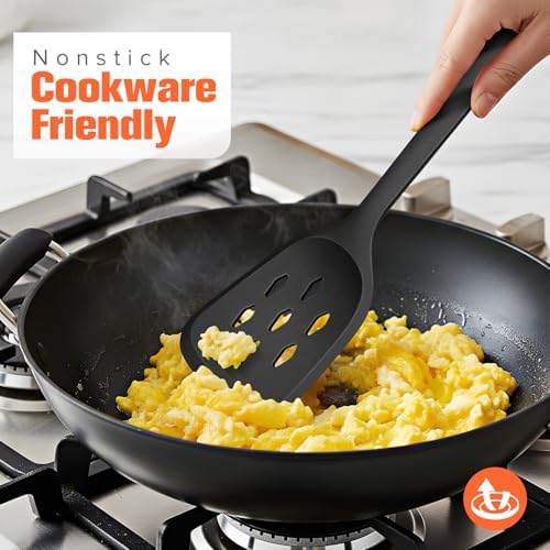 Silicone Spatula Set of 2 Pack, Heat Resistant Solid&Slotted Turner (BLACK)