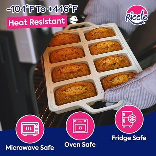 RICCLE Silicone Mini Loaf Pans – 2 Pack, 8 Cavity Silicone Molds for Baking, Non-Stick Silicone Baking Pan