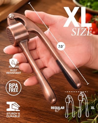 Zulay Kitchen Large Premium Garlic Press Set - Bigger Bowl for Bigger Garlic - Rust Proof Garlic Mincer Tool - Easy-Squeeze, Easy-Clean Silicone Garlic Peeler & Brush (Copper)