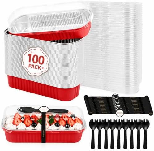 100 Pack Mini Cake Pans with Lids and Spoons, Disposable Aluminum Foil Cake Tins（6.8oz） Mini Loaf Pans with Lids for Party, Wedding, Birthday