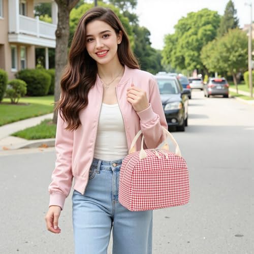 Bluboon Lunch Box for Women Cute Lunch Bag Reusable Insulated Lunch Bags Large Capacity Lunchbox Cooler for Work Picnic or Travel Gifts (Red White grid, 10 x 7.5 x 8 inches)