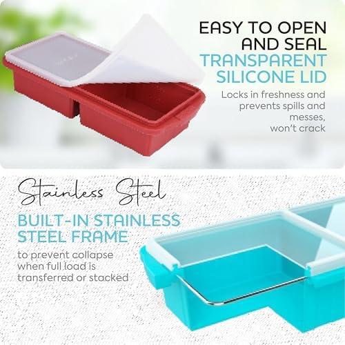 XOMOO Silicone Freezer Tray With Lid-Soup Freezer Container molds-2-cup Extra Large Ice Cube Tray-makes 4 perfect 500ml portions cubes, For freezing soup,stews,sauces.Oven&Dishwasher-Safe(2-Pack)