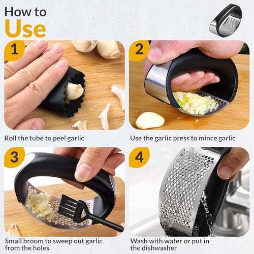 Garlic Press - Stainless Steel Rust Proof & Dishwasher Safe Garlic Twister Mincer, Durable Garlic Crusher Chopper with Peeler, Brush, Easy to Clean, Kitchen Gadgets Tool for Garlic, Ginger, Spices