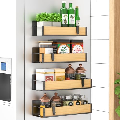 HuggieGems 4 Pack Magnetic Spice Storage Rack Organizer for Refrigerator and Oven, Wood Fridge Organizers and Storage