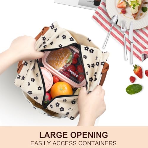 Joymee Lunch Bag Women Insulated Corduroy Reusable - Black Floral
