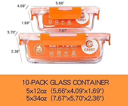 C CREST [10-Pack] Glass Food Storage Containers - Food Prep Containers with Lids - Microwave, Oven, Freezer and Dishwasher Safe