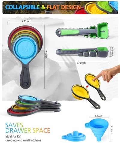 Collapsible Measuring Cups and Spoons Set with Funnel, 9-Piece, Silicone