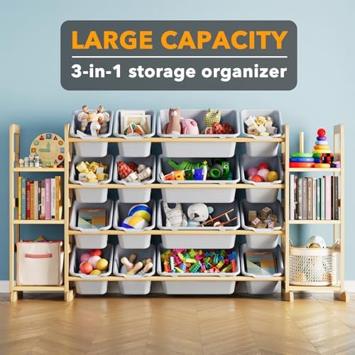 SpaceAid Toy Storage Organizer with 6 Shelves and 16 Bins, Toy Organizers Storage Bookshelf, Kids Bin Shelf Toys Box Bookcase for Bedroom Playroom Organization Room Decor, Neutral Gray