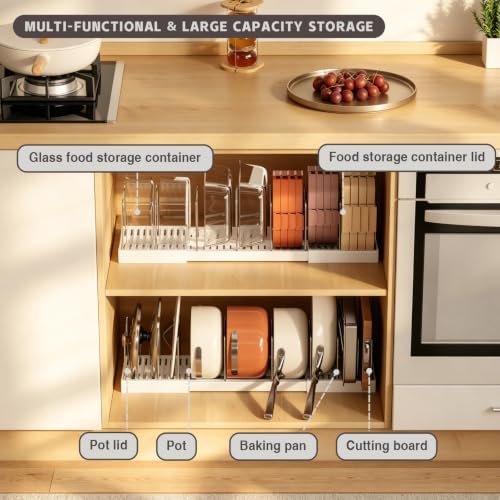 Magheo 2 Pack Pots and Pans Organizer Under Cabinet, Expandable 12.6"-22.8" Kitchen Cabinet Organizer Holder with 10 Adjustable Dividers for Food Storage Container Lid, Cookie Sheet, Cookware(White)