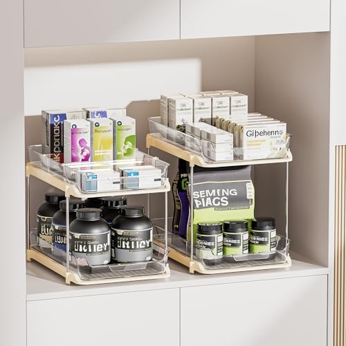 Delamu 2-Tier Multi-Purpose Bathroom Under Sink Organizers and Storage, Stackable Kitchen Pantry Organization, Pull Out Medicine Cabinet Organizer with Movable Dividers, Beige, 2 Pack