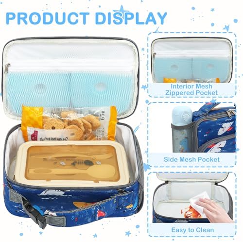 FlowFly Kids Lunch box Insulated Soft Bag Mini Cooler Back to School Thermal Meal Tote Kit for Girls, Boys, Colorful-Shark