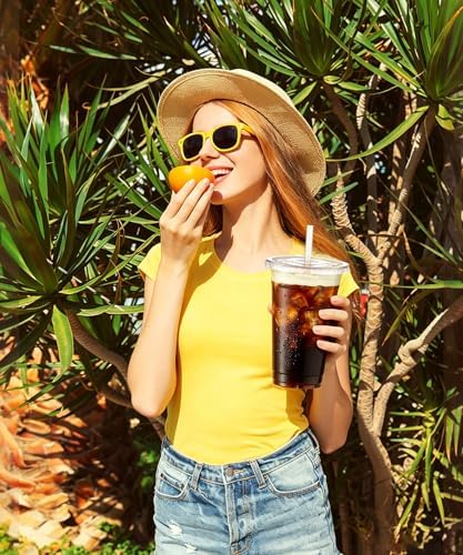 Ginkgo 50 Pack 24 oz Clear Plastic Cups with Lids and Straws