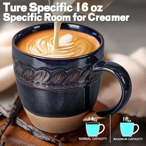 Artena Ceramic Coffee Mugs Set of 4, 16oz Embossed Large Latte Mugs Coffee Cups with Handle for Tea, Latte, Cappuccino & Cocoa, Milk Dishwasher & Microwave Safe, Blue (Willow Leaf)