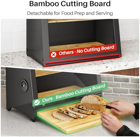 SNTD Airtight Bread Box for Kitchen Countertop, Bamboo Cutting Board, Black