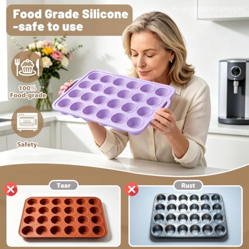 Purple Mini Silicone Muffin Molds: 2 Pack 24 Small Cupcake Mold for Baking