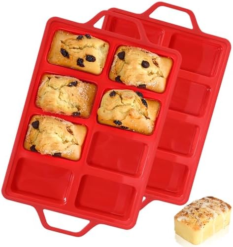 Mini Loaf Pans, Metal Reinforced Frame Silicone Mini Bread Loaf Pans 8 Cavities Nonstick for Baking Cornbread, Bread, Small Loaf, Brownie, Cheesecake, Chocolate 2 Pack Red