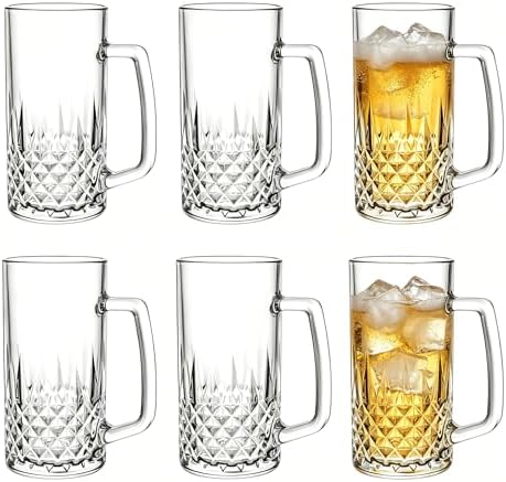 Beer Mugs For Freezer, 20 oz Large Heavy Glass Mugs with Handles Set of 6, Clear Large Beer Steins for Tea, Coffee, Lead-Free Glasses Oktoberfest Style, Gifts for Husband or Friend