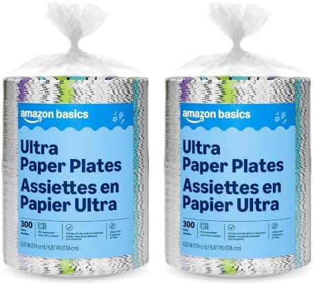Amazon Basics Ultra Paper Plates, 6.87 Inch, Disposable, 600 Count (2 Pack of 300) (Previously Encore), Packaging May Vary