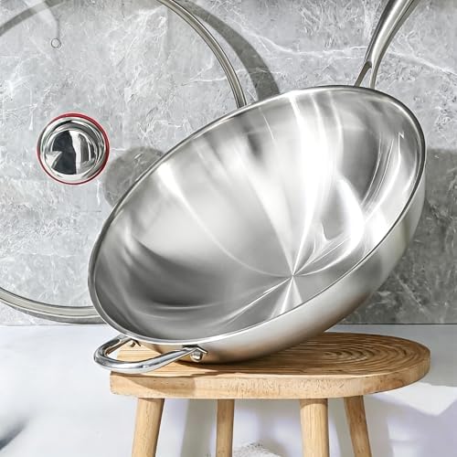 14 inch Stainless Steel 316 Wok with Lid, Stir-Fry Pans, Dishwasher and Oven Safe, Works on Induction (14 inch with Lid)