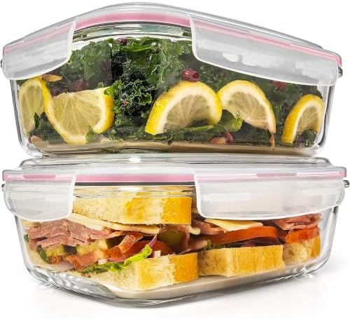 Razab 6.5 Cups / 52 Oz 4 Piece (2 Containers + 2 Lids) Glass Food Storage Containers Set with Airtight Locking Lids - For Storing, Baking & Serving BPA Free, Leakproof - Microwave, Freezer & Oven Safe