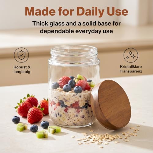 EDELHAUS Overnight Oats Containers with Lids - Glass Mason Jars, Meal Prep