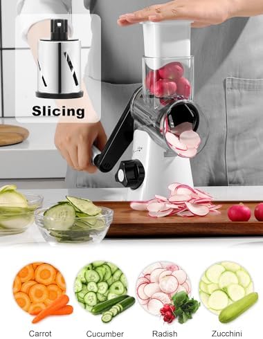 Cheese Grater Rotary, Rotary Grater for Kitchen, Kitchen Grater Vegetable Slicer with 3 Drum Blades, Fast Cutting Cheese Shredder for Vegetables and Nuts