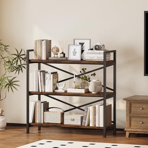 3 Tier Bookshelf 31.49" Width, Wood and Metal Etagere Bookcase, Vintage Farmhouse Modern Wooden Big Book Shelf for Home Living Room Bedroom Office Storage(Rustic Brown)