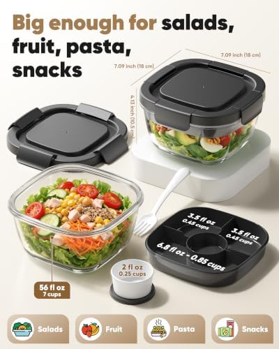 Canfanni Glass Salad Container, 56oz Bowl with Airtight Lids, Bento Box