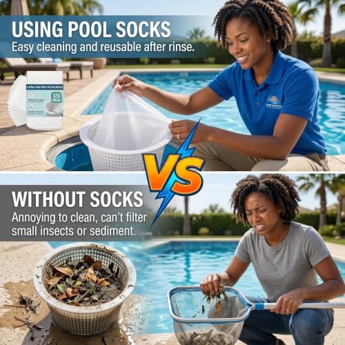 120 Pack Pool Filter Socks for Skimmer Baskets, Ultra Fine Mesh Reusable Pool Skimmer Socks for Above Ground and Inground Pools, Catches Debris, Leaves, Hair, and Branches