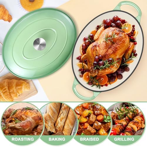 E-far 7QT Oval Dutch Oven Pot with Lid, Green Enameled Cast Iron Dutch Oven