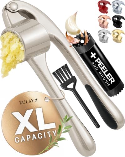 Zulay Kitchen Large Premium Garlic Press Set - Bigger Bowl for Bigger Garlic - Rust Proof Garlic Mincer Tool - Easy-Squeeze, Easy-Clean Silicone Garlic Peeler & Brush (Silver)