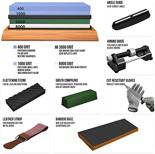 Whetstone Knife Sharpening Stone Set, Double-Sided Grit 400/1000 3000/8000