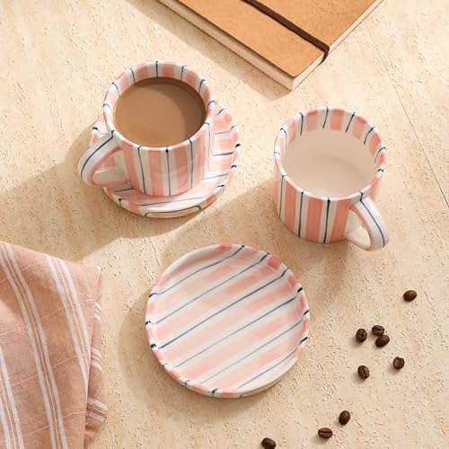 Hand-Painted Ceramic Coffee Mug and Saucer Set, 8 oz Artisan Striped Porcelain Espresso Cup, Decorative Tea Cup with Large Handle for Home, Office,Pink