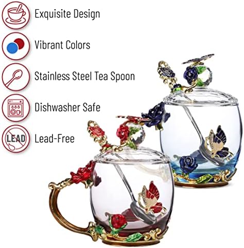 BTaT- Floral Glass Tea Cups with Lids & Spoon Set, Pack of 2, 11 oz, Blue & Red, Flower Design with Gift Box, Fancy Tea Cups, Dishwasher Safe