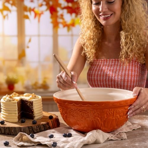 Mason Cash In the Pumpkin Patch S12 Mixing Bowl Stoneware, 4.25 Qt, Embossed Pumpkin Design (Persimmon)