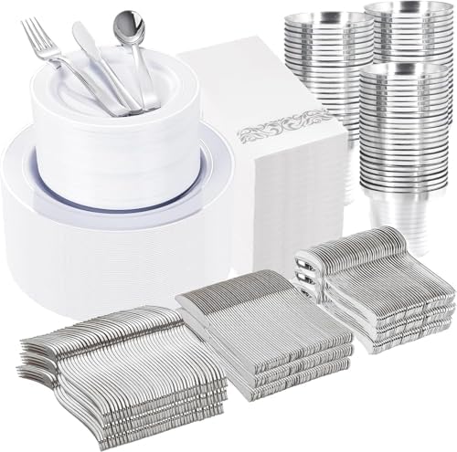 WELLIFE 700 Pieces Silver Plastic Dinnerware Set for 100 Guests - Includes Plates, Cups, Napkins, and Disposable Cutlery - Elegant White & Silver Design, Perfect for Parties and Events