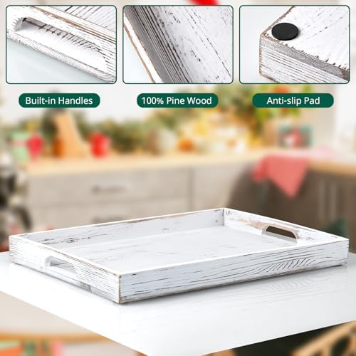 17 Inch Rustic White Serving Tray with Handles - Large Wooden Tray for Ottoman, Breakfast in Bed, Dinner, Coffee Table - Decorative Rectangular Tray for Living Room Bedroom Entryway and Kitchen Decor