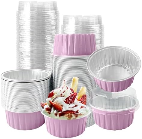 100Pcs Aluminum Cups with Lids,5oz Disposable Ramekin Baking Cups Muffin Liners Mini Pie Pans Foil Cupcake Containers for Christmas Party Wedding,Pink