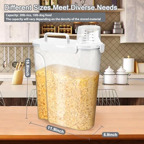 Komzon Rice Storage Containers 20lb, Airtight Cereal Containers Storage, with Pouring Spout Portable Handle for Flour, Pasta, Grain and Baking, Pet Dog Cat Bird Food Container White