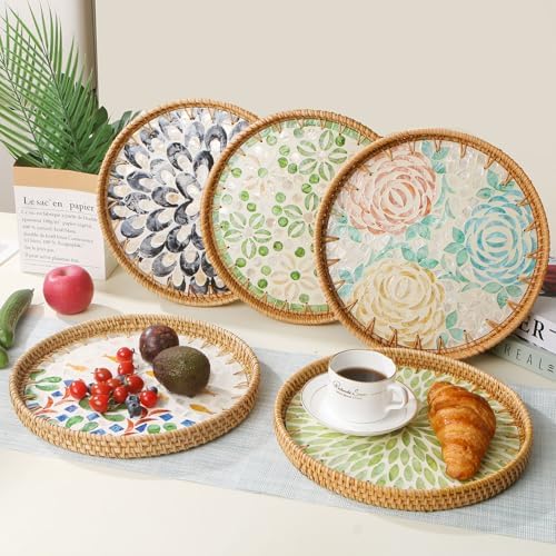 Round Rattan Tray with Mother of Pearl Inlay, Decorative Wicker Serving Tray with Wooden Base, Woven Basket Trays for Bread Fruits Coffee, Starfruit