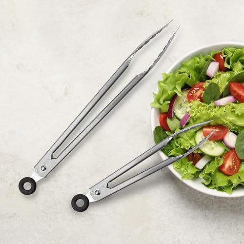 Tovolo Stainless Steel Tongs Set of 2 with 9 Inch & 12 Inch Metal Tongs for Cooking Grilling & Serving Food, Heat Resistant to 600 Degrees Metal Perforated Head Kitchen Tongs Bundle with Click Lock