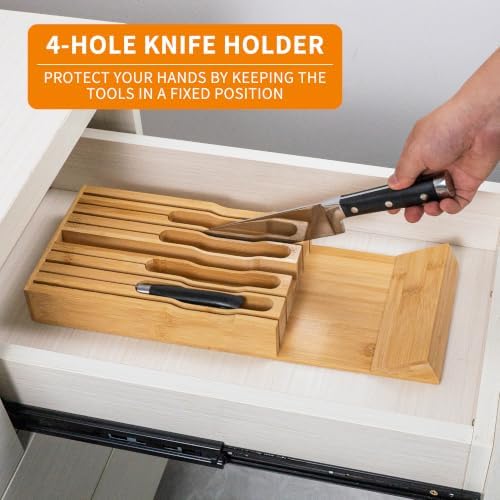 VaeFae Bamboo Knife Drawer Organizer Insert, Kitchen Knife Block, 8 Holder