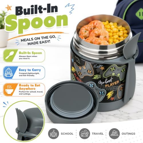 10oz Soup Thermo for Hot Food Kids,Lunch Thermo Kids Food Jar with Spoon Hot Insulated Food Containers,Leak Proof Stainless Steel Wide Mouth Lunch Food Thermo Jar for School(Black-Game Console)