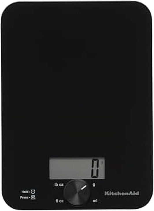KitchenAid KQ914BA Digital Glass Top Kitchen and Food Scale, 11 lb Capacity, Measures Liquid & Dry Ingredients, Rotating Knob, Precise Results for Baking, Cooking, Keto and Meal Prep, Tare, Black