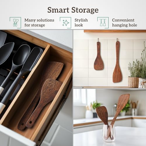 Chicken Wing Wood Spatula Set of 2, Natural Wooden Cooking Utensils for Nonstick Pans, 8.7” & 13” Turner Spatulas for Eggs, Pancakes, Fish & Stir-Fry
