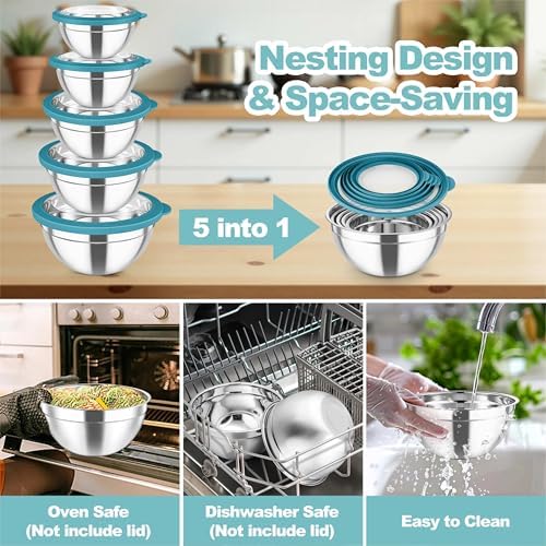 TeamFar Mixing Bowls Set, Stainless Steel Salad Bowl with Lids, Dark Blue