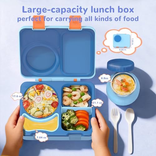Kids Bento Lunch Box with Food Jar, Water Bottle, Lunch Bag, Blue